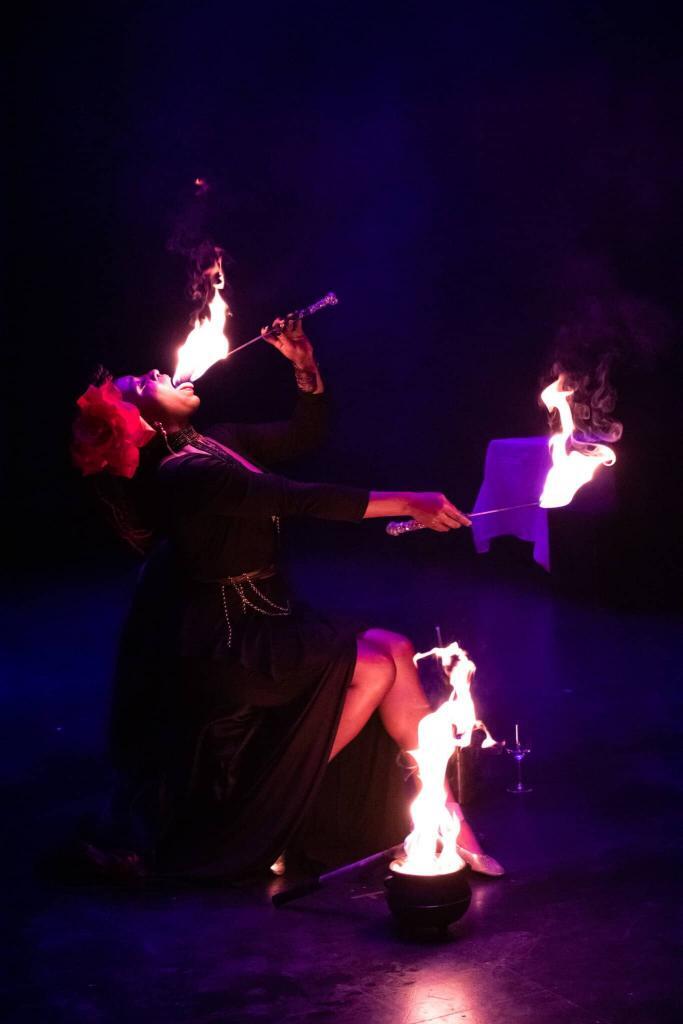 Artist Sage Sovereign plays with fire at the Reykjavik variety show Búkalú.