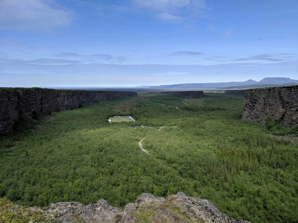 The view from the edge off the cliffs above Ásbyrgi.