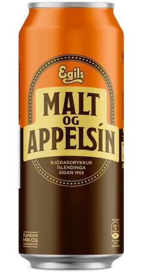 A canned version of Egils Malt og Appelsín, the traditional non-alcoholic Icelandic Christmas beverage. The can is orange and dark brown, showing the mixed drink made from malt and orange soda.