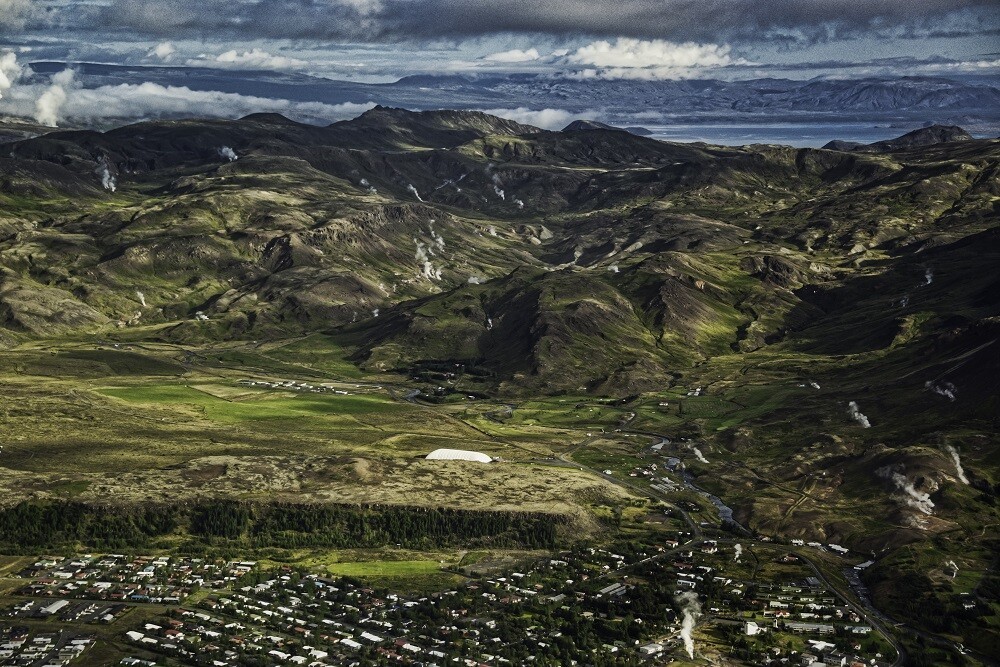Reykjadalur valley and the Hveragerði town from the air