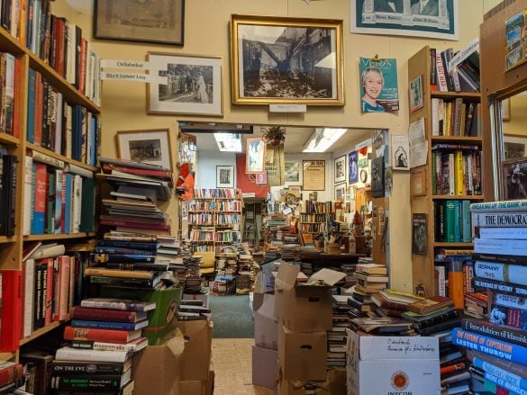 The jumble of books in the Reykjavik antique book shop Bókin
