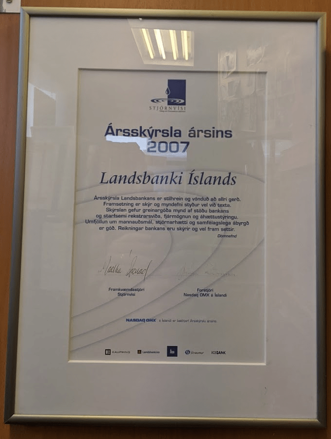Landsbanki accolade for best annual report for the year 2007.