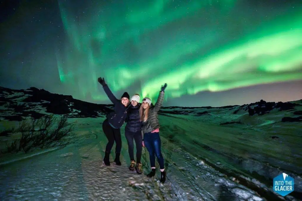 Young women on Langjökull glacier in Iceland.