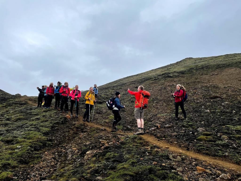 Guide on a highland trail in the Torfajökull region in Iceland.