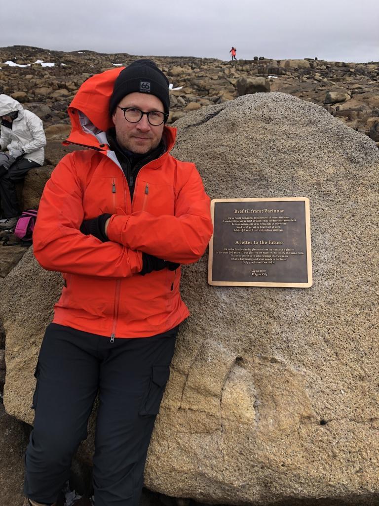 Icelandic writer Andri Snær Magnason at a memorial to the Icelandic glacier of Ok