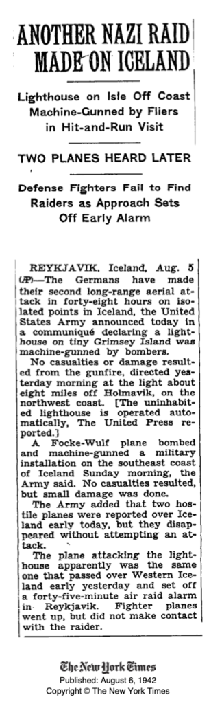 New York times reports on the attack on the light house in Grímsey by a German bomber