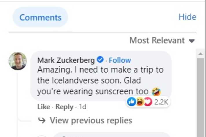 Mark Zuckerberg comments on the Icelandverse