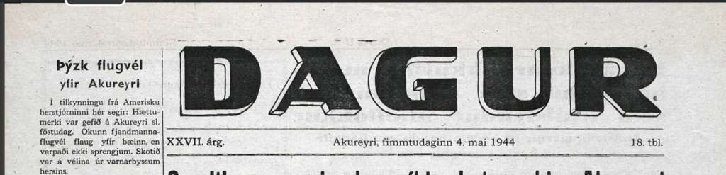 The local paper in Akureyri reporting on the German plane flying over Akureyri.