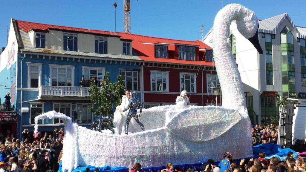 Páll Óskar on his Swan float during Reykjavik Pride.