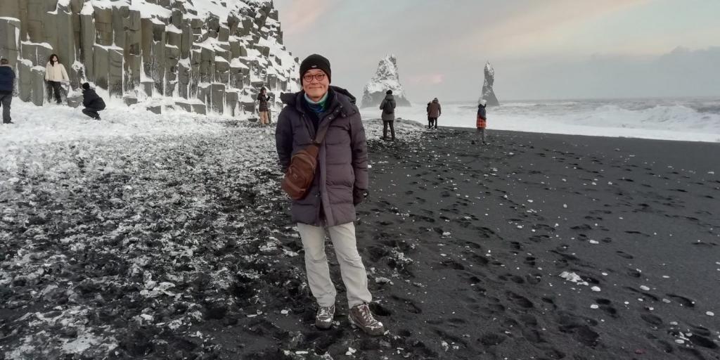 The Japanese ambassador at Black Sand Beach, Reynisfjara, in Iceland.