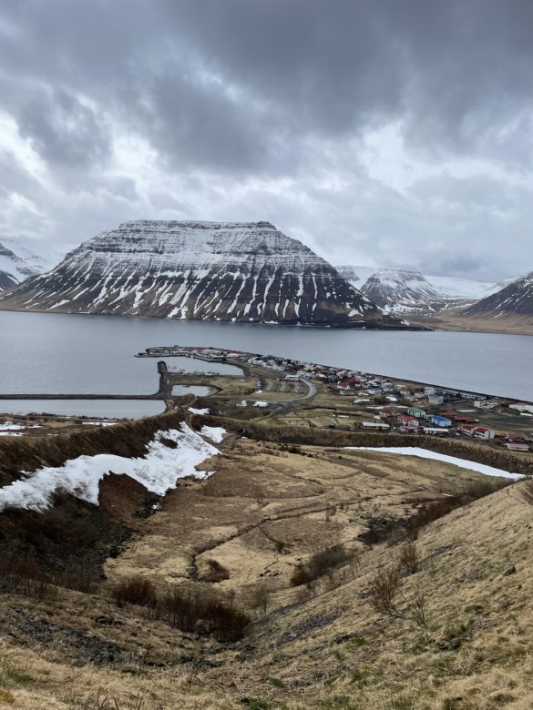 View of Flateyri from the top of the avalanche barrier above the village.