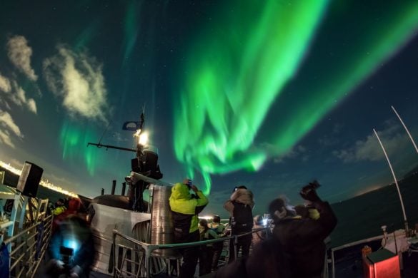 People watching the northern lights in Iceland from a boat