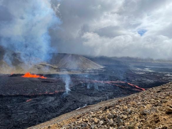 The eruption site at Meradalir valley on the Reykjanes peninsula in Iceland. This image accompanies an article on how to safely visit the volcano erupting in Meradalir.
