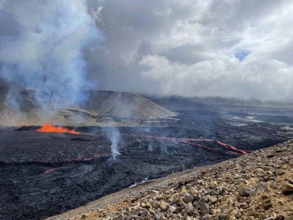 The eruption site at Meradalir valley on the Reykjanes peninsula in Iceland. This image accompanies an article on how to safely visit the volcano erupting in Meradalir.