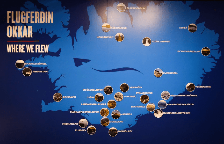 The locations visited at FlyOver Iceland in Reykjavik.