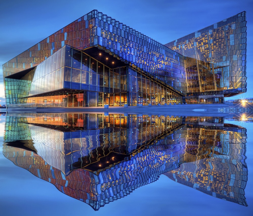 Harpa in Reykjavik as seen from the sea.