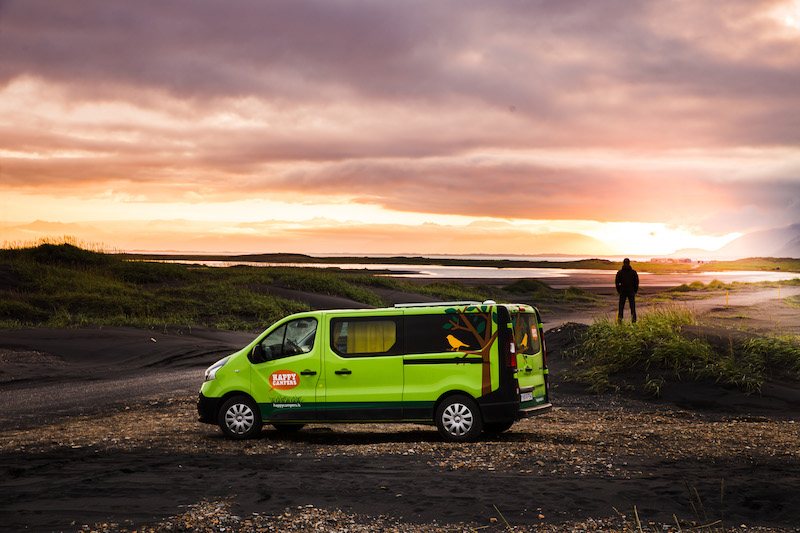 A camper van in the twilight.