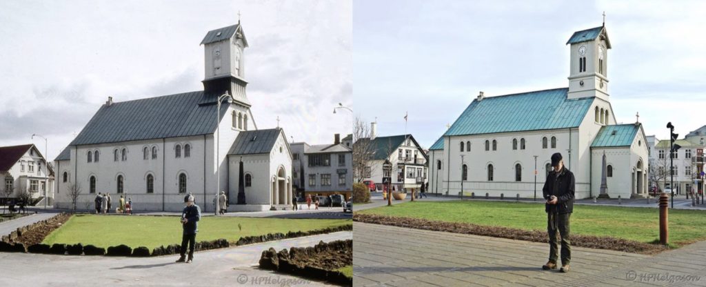 Hallgrímur by the Dómkirkjan church in Reykjavik