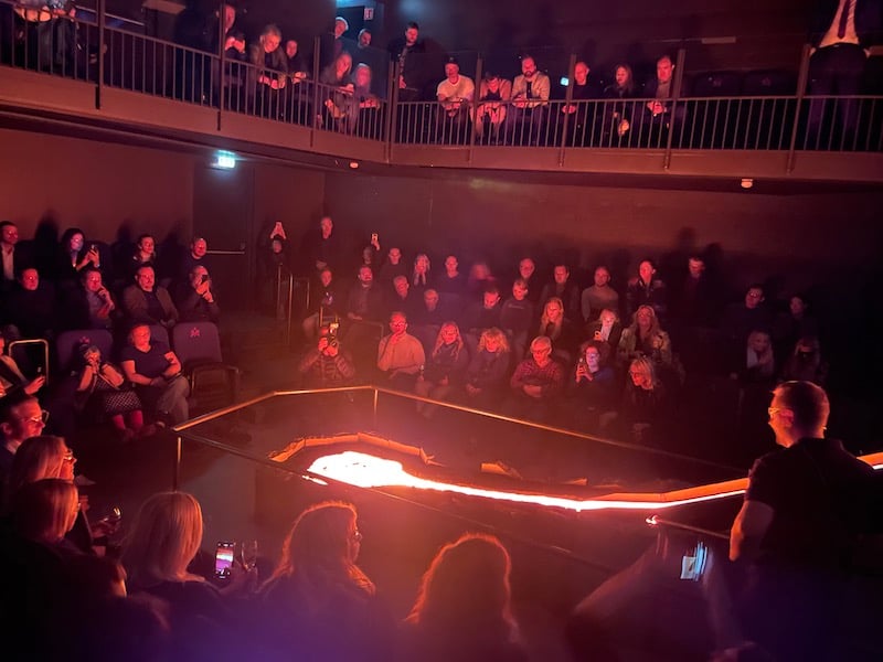A demonstration of flowing lava indoors at the Lava Show in Iceland.