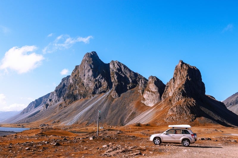 Car by Mt. Vestrahorn in Iceland