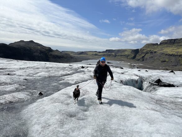 The leading Icelandic private guide Bessi Jónsson, with his trusted travel companion Cami the dog (left). The are walking across Sólheimajökull glacier in Iceland.