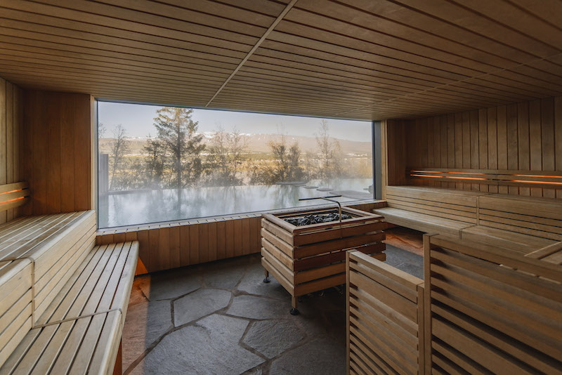 Great view from the sauna room of the Forest Lagoon near the town of Akureyri.