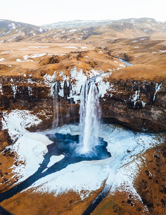Seljalandsfoss waterfall in winter.