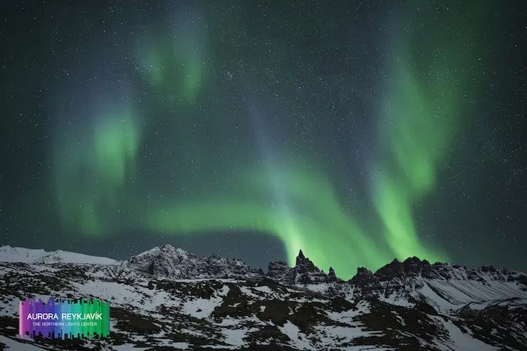 The northern lights above Mt. Hraundrangar in northern Iceland.