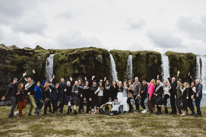 A group from a outdoors wedding in Iceland.