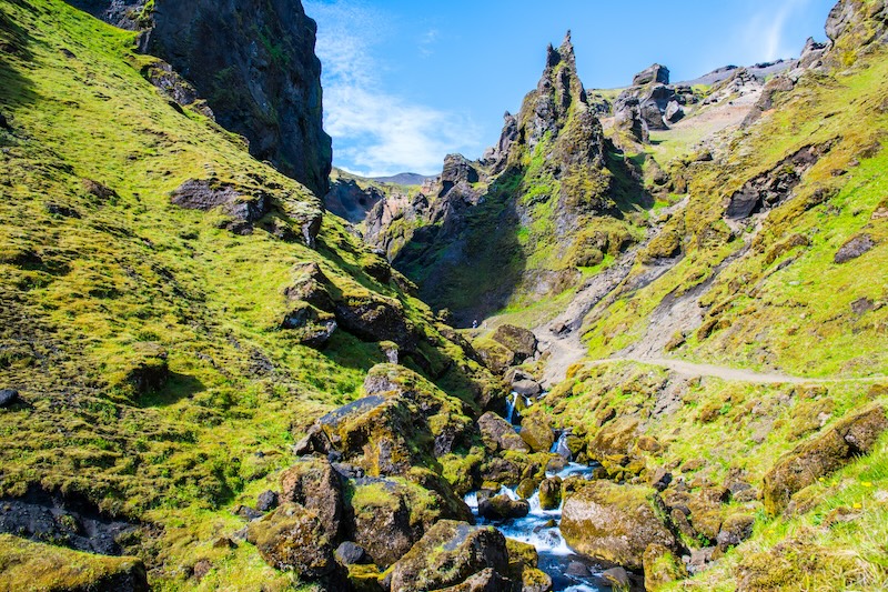 Beautiful rock formations of Thakgil canyon in south Iceland