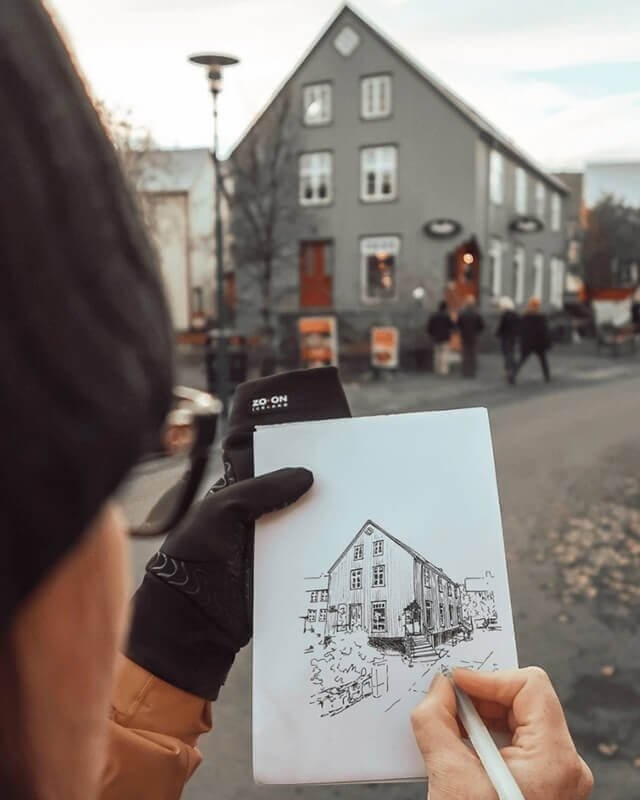 Sonia sketching in downtown Reykjavik.