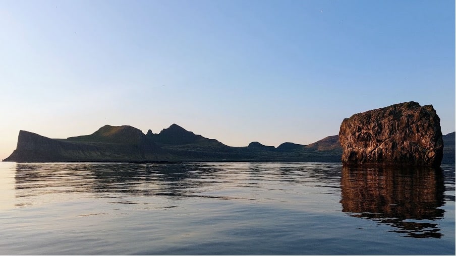 Sulastoppi (foreground) and Hornbjarg (Background) on the summer solstice. Photo taken 3am in high summer.