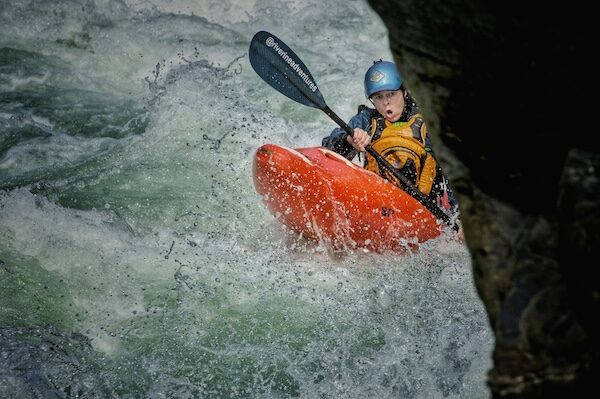 Tinna Sigurðardóttir, the owner of Arctic Rafting, has her game face onas she kayaks through the massive rapids of the Ganges River in India.