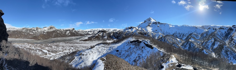 A panoramic winter view from Bólfell over Thorsmork in Iceland.