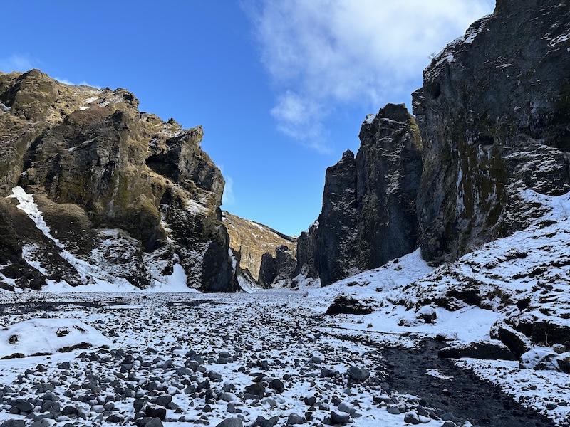 The impressive Stakkholtsgjá canyon in wintertime.