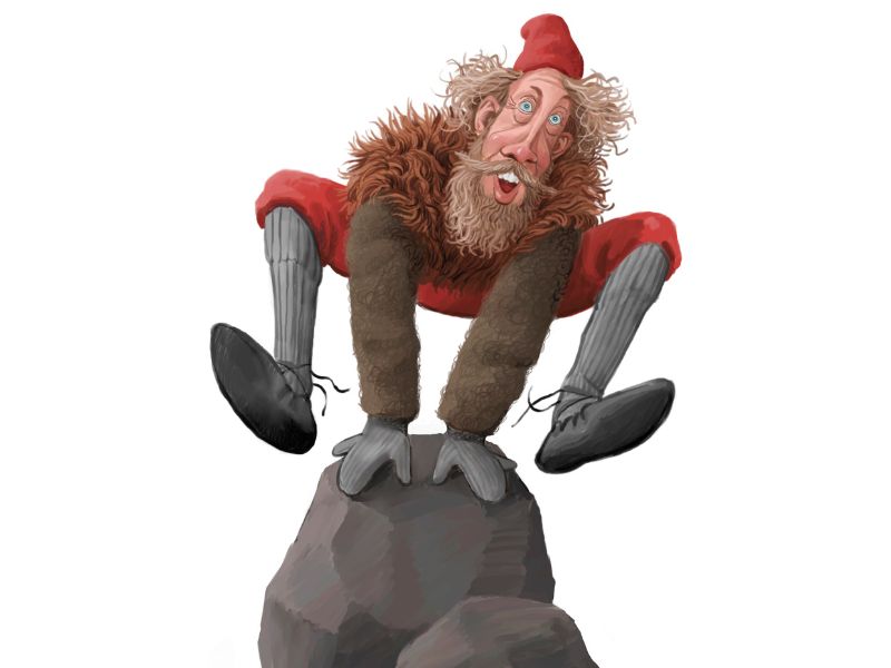 Giljagaur Icelandic Yule lad hiding in gully stealing cream from cowshed, second Iceland Christmas troll character, art by Ólafur Pétursson.