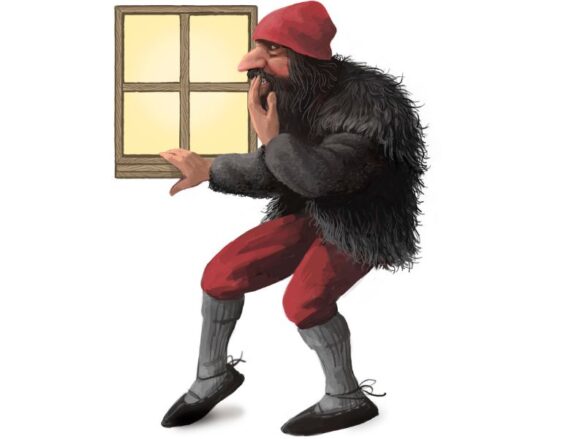 Gluggagægir Window Peeper Icelandic Yule lad peeping tom looking through windows, tenth Iceland Christmas troll character, art by Ólafur Pétursson