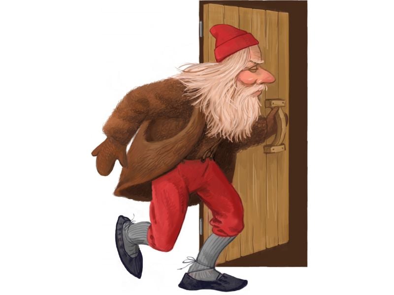 Hurðaskellir Door Slammer Icelandic Yule lad slamming doors at night, seventh Iceland Christmas troll keeping families awake, art by Ólafur Pétursson.