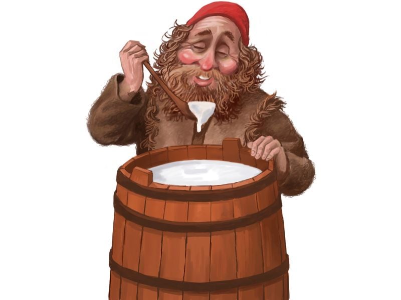 Skyrjarmur Skyr Gobbler Icelandic Yule lad eating skyr from barrels, eighth Iceland Christmas troll, traditional Icelandic food thief art by Ólafur Pétursson.