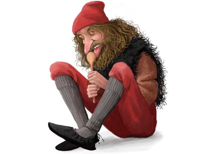 Þvörusleikir Spoon Licker Icelandic Yule lad licking wooden spoons, fourth Iceland Christmas troll, traditional folklore art by Ólafur Pétursson.