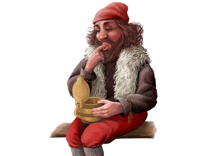 Askasleikir Bowl Licker Icelandic Yule lad stealing food from wooden bowls, sixth Iceland Christmas troll character, illustration by Ólafur Pétursson.