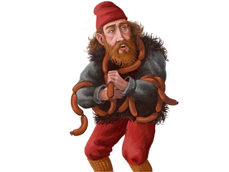 Bjúgnakrækir Sausage Swiper Icelandic Yule lad with hook stealing Christmas sausages, ninth Iceland troll stealing smoked meat, art by Ólafur Pétursson.