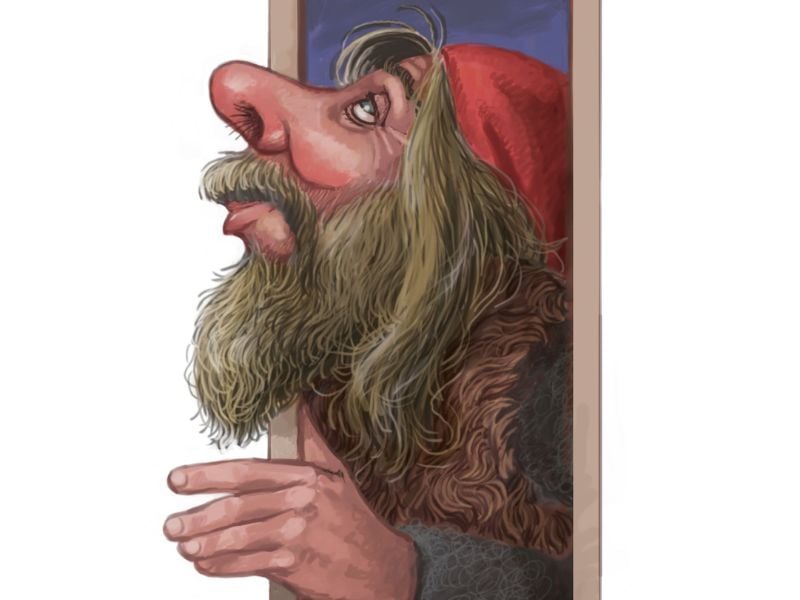 Gáttaþefur Doorway Sniffer Icelandic Yule lad with large nose smelling laufabrauð Christmas bread, eleventh Iceland troll, art by Ólafur Pétursson.