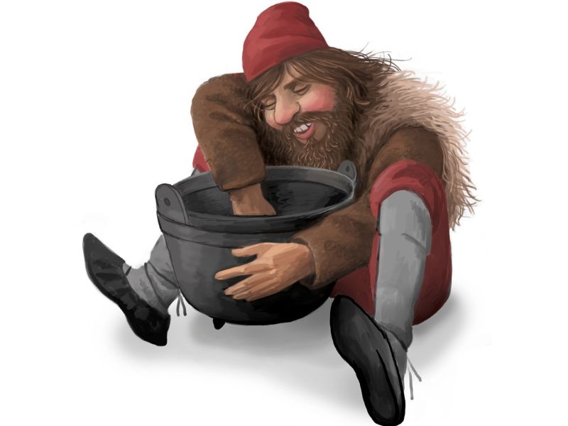 Pottaskefill Pot Scraper Icelandic Yule lad stealing food from kitchen pots, fifth Iceland Christmas troll making noise, art by Ólafur Pétursson.