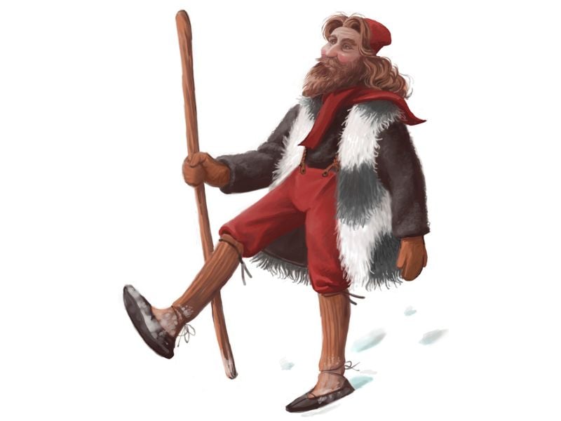 Stekkjastaur Icelandic Yule lad with stiff wooden legs stealing sheep milk, first of thirteen Iceland Christmas trolls, illustration by Ólafur Pétursson.