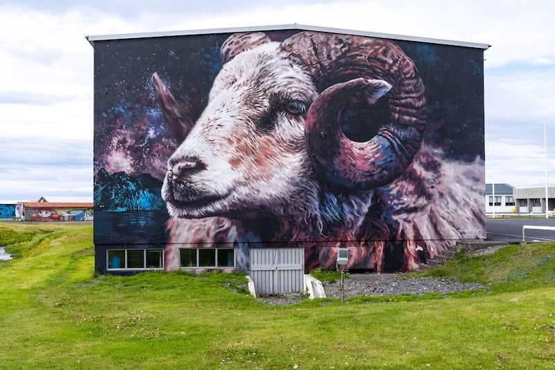 A cosmic ram watches over Hellissandur.