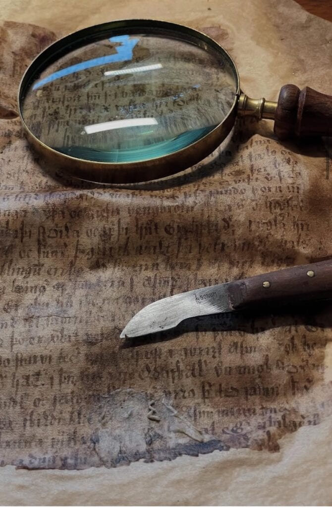 A close-up of an ancient Icelandic manuscript under restoration, featuring a magnifying glass and a traditional bookbinding knife—tools of the trade for preserving medieval texts.