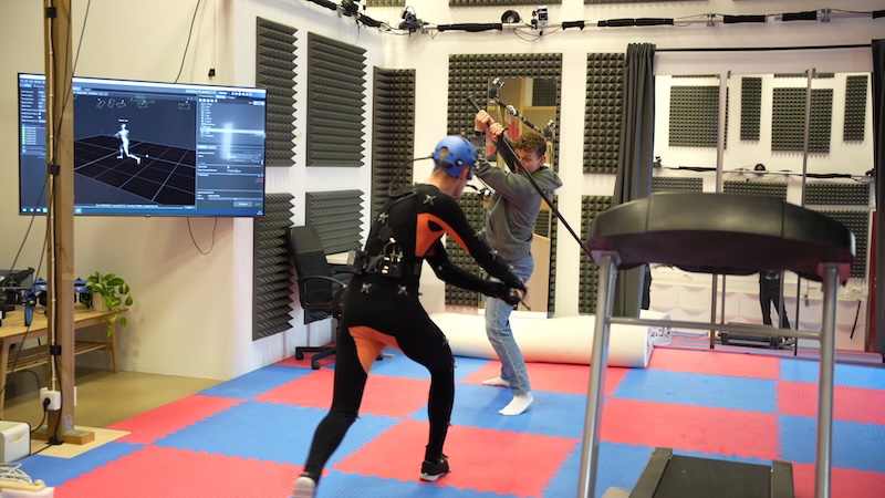 Motion capture session for Echoes of the End, the fantasy action-adventure game from Icelandic studio Myrkur Games. Two performers stage a mock fight to create realistic in-game combat animations, enhancing the game’s cinematic and immersive experience.