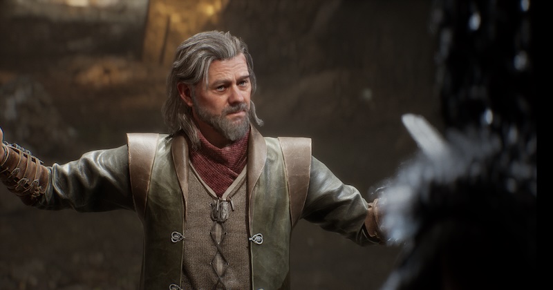 Screenshot of Abram, played by renowned Icelandic actor Karl Ágúst Úlfsson. Featured in the fantasy action-adventure game by Myrkur Games, Abram’s story adds emotional weight and complexity to the richly detailed, Iceland-inspired world.