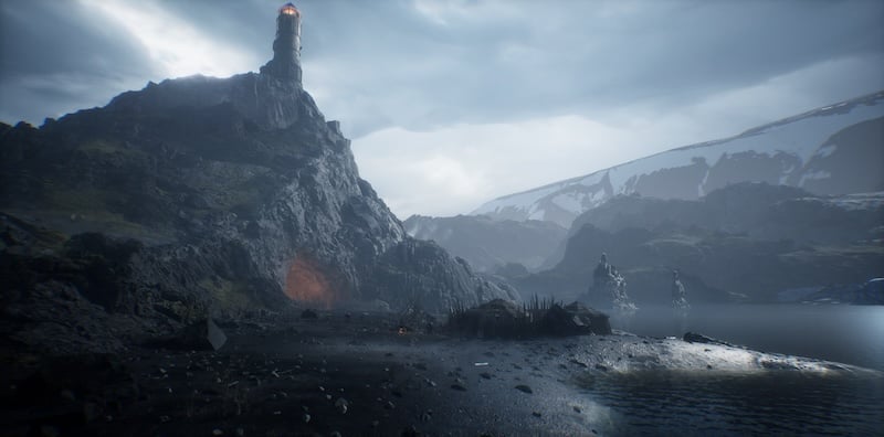 Screenshot from Echoes of the End, the Icelandic fantasy game by Myrkur Games. This visually stunning scene showcases Iceland-inspired landscapes—featuring volcanic shores, rugged cliffs, and glacial vistas brought to life with cinematic detail.